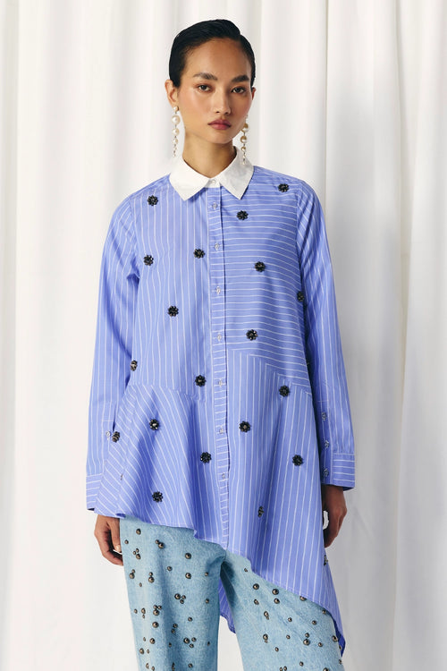 Blue Asymmetric Stripe Studded Shirt