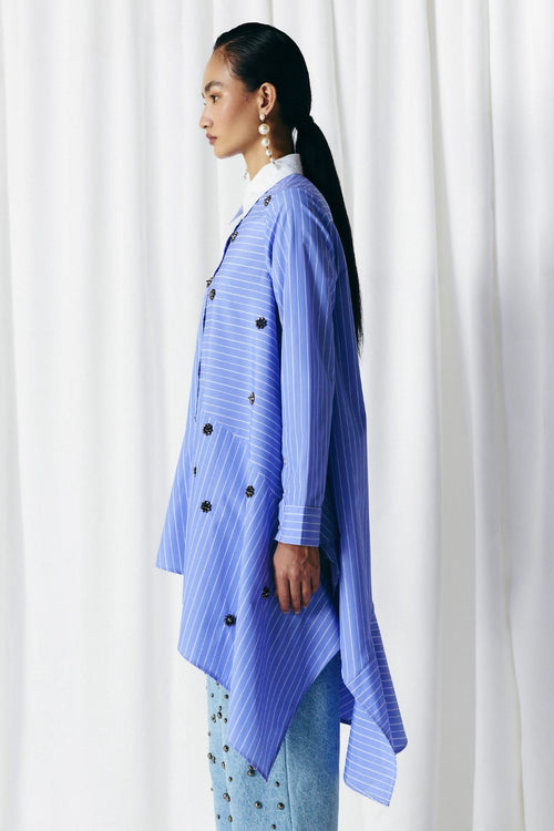Blue Asymmetric Stripe Studded Shirt