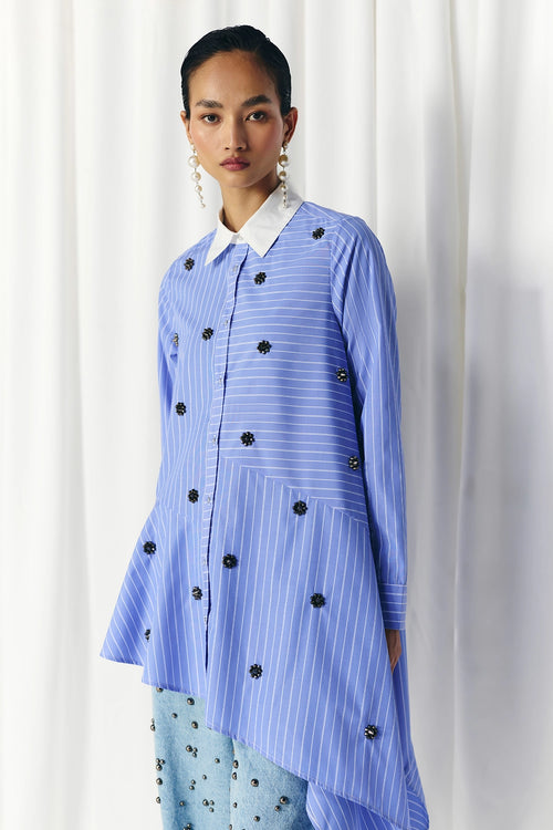 Blue Asymmetric Stripe Studded Shirt