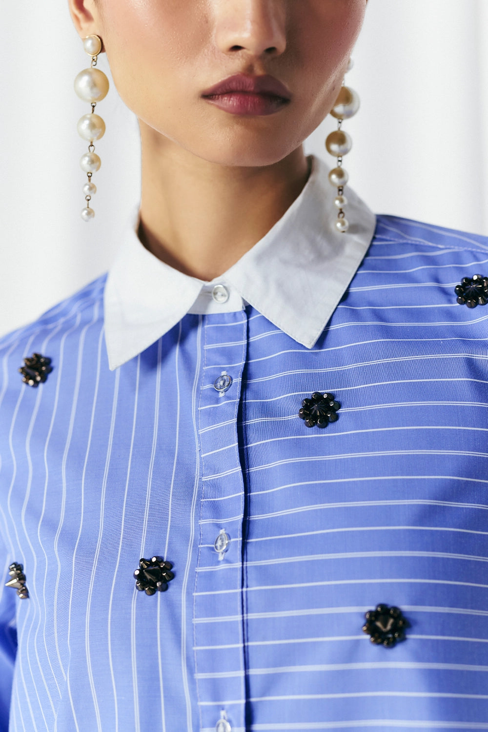 Blue Asymmetric Stripe Studded Shirt