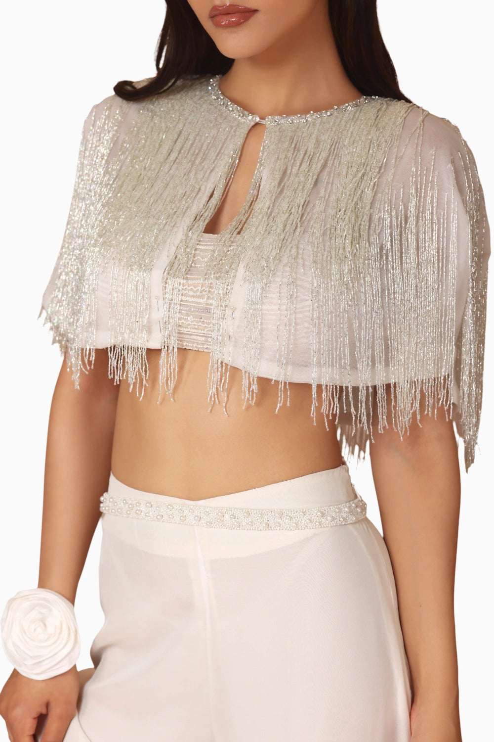 Ivory Fringe Capelet With Chiffon Skirt and Ruched Bandeau