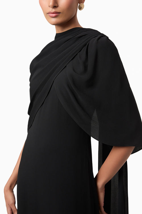 Black Rosette Draped Shoulder Gown