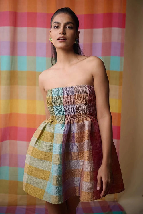 Metallic Illusion Peplum Bodice Dress