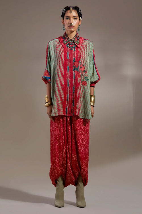 Ash Green Anka Mandala Shirt With Drape Trousers