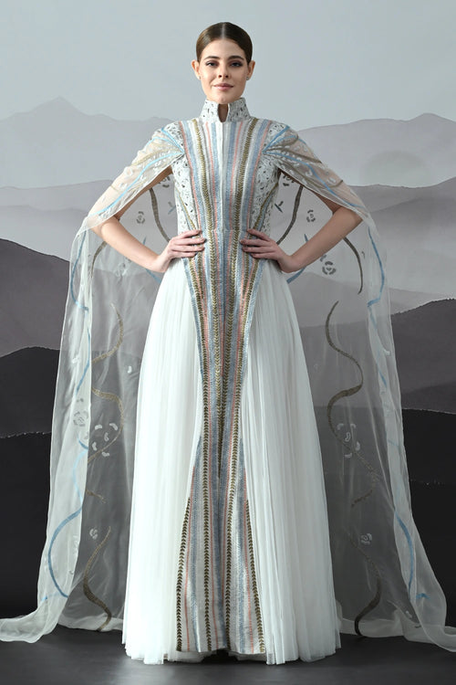 Ivory Gown With Artisanal Stripe Embroidery And Translucent Overlay