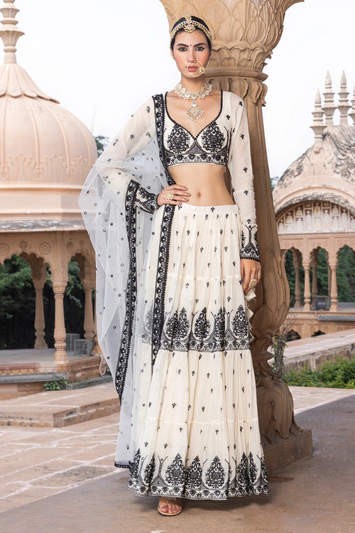Black and White Tower Lehenga with Embroidered Dupatta