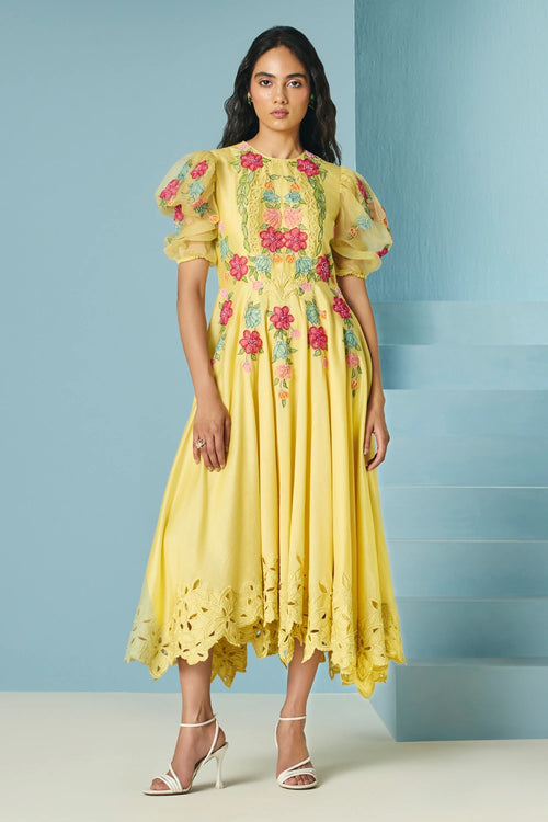 Butter Yellow Applique Flounce Dress