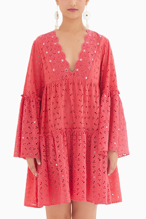 Fuchsia Pink Hand Embroidered Short Dress