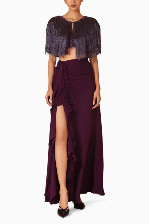 Fringe Capelet With Chiffon Skirt & Ruched Bandeau