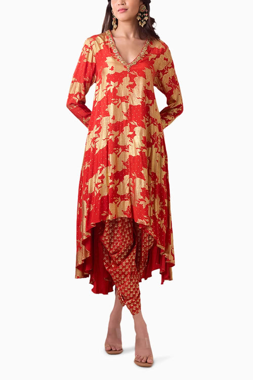 Sindori Red Long Asymmetrical Foil Kurta Set