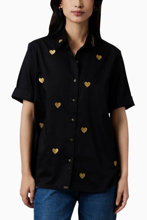 Black Metallic Heart Embroidered Shirt