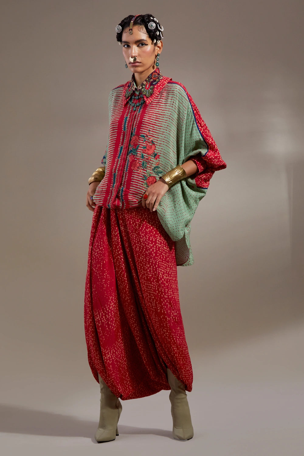 Ash Green Anka Mandala Shirt With Drape Trousers