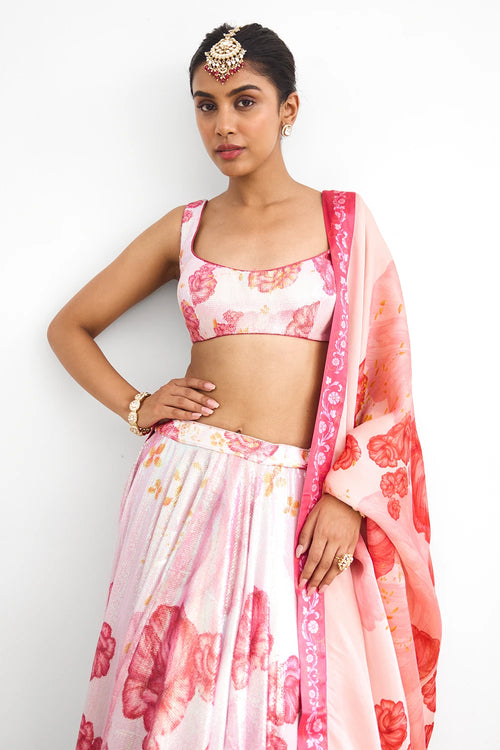 Blush Bloom Sequins Lehenga Set with Printed Dupatta