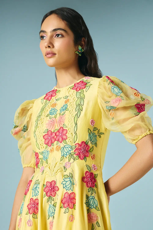 Butter Yellow Applique Flounce Dress