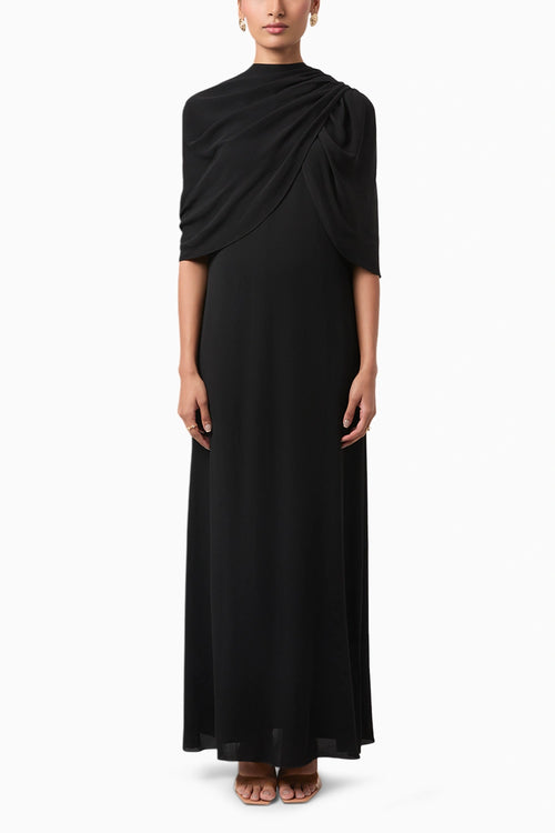 Black Rosette Draped Shoulder Gown