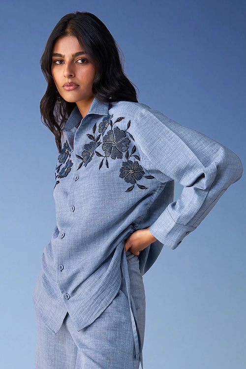 Beaded Linen-Textured Shirt