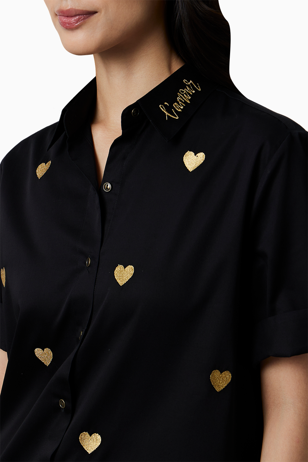 Black Metallic Heart Embroidered Shirt