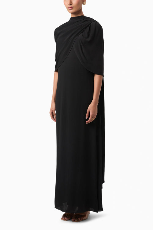 Black Rosette Draped Shoulder Gown