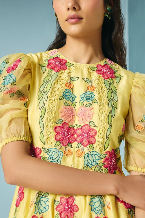 Butter Yellow Applique Flounce Dress