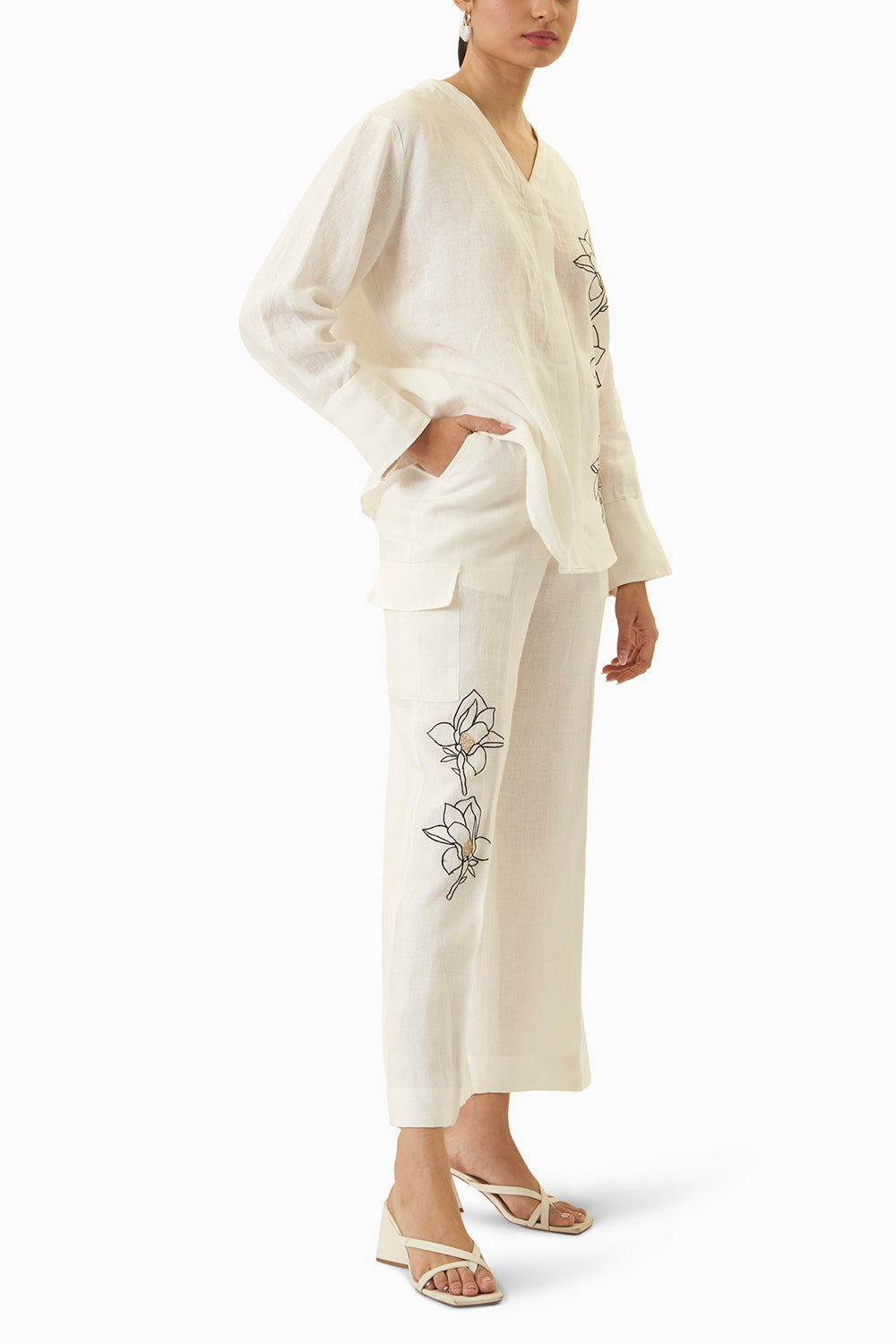 Cream Linen Floral Co-ord Set