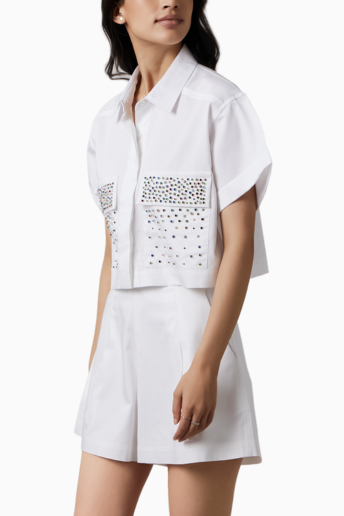 White Multicolor Swarovski Studs Shorts Co-ord Set