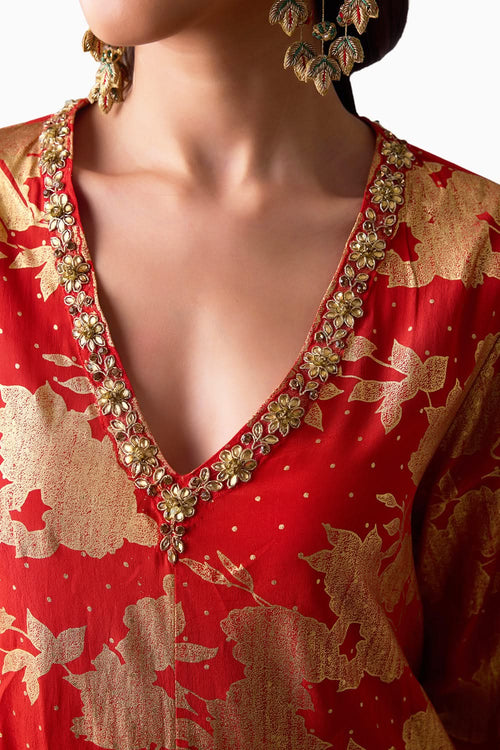Sindori Red Long Asymmetrical Foil Kurta Set