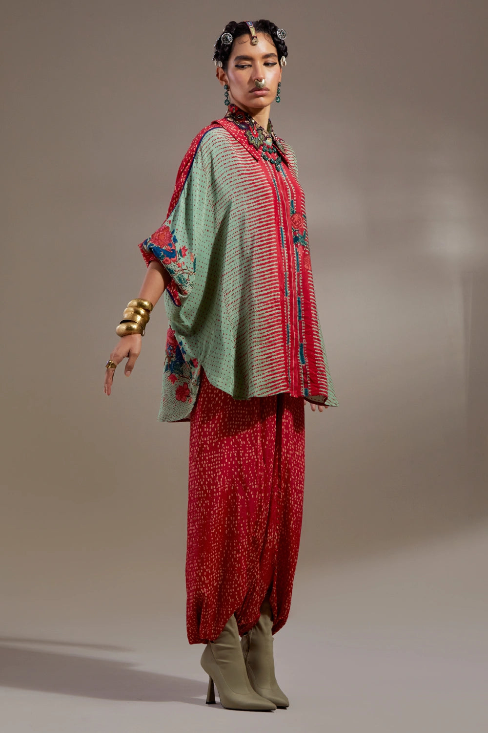 Ash Green Anka Mandala Shirt With Drape Trousers