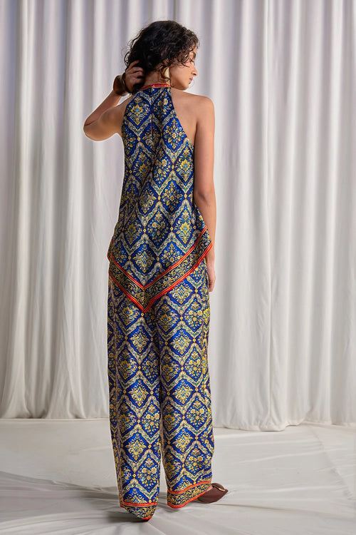 Halter Neck Scarf Print Top With Pant Set