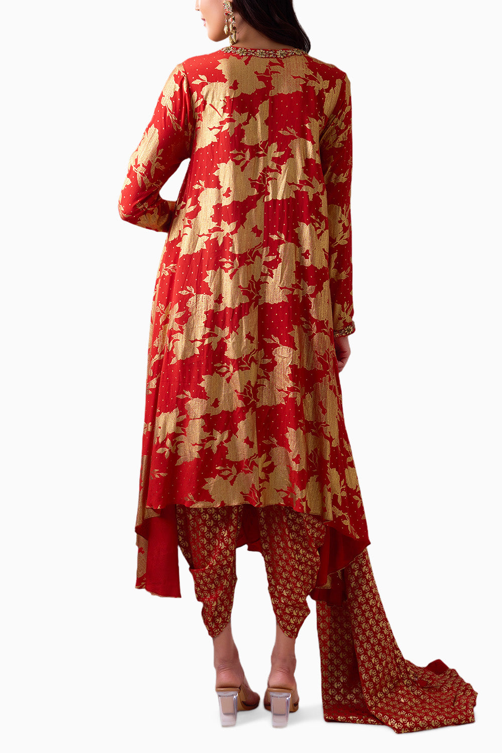 Sindori Red Long Asymmetrical Foil Kurta Set