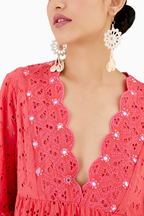 Fuchsia Pink Hand Embroidered Short Dress