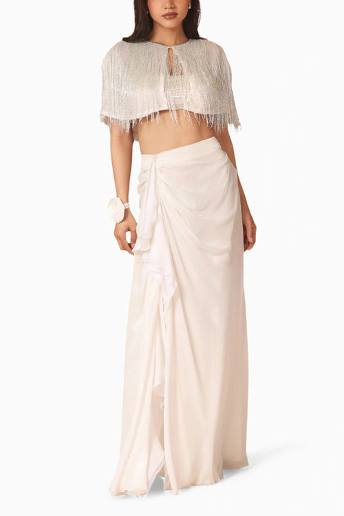 Ivory Fringe Capelet With Chiffon Skirt and Ruched Bandeau