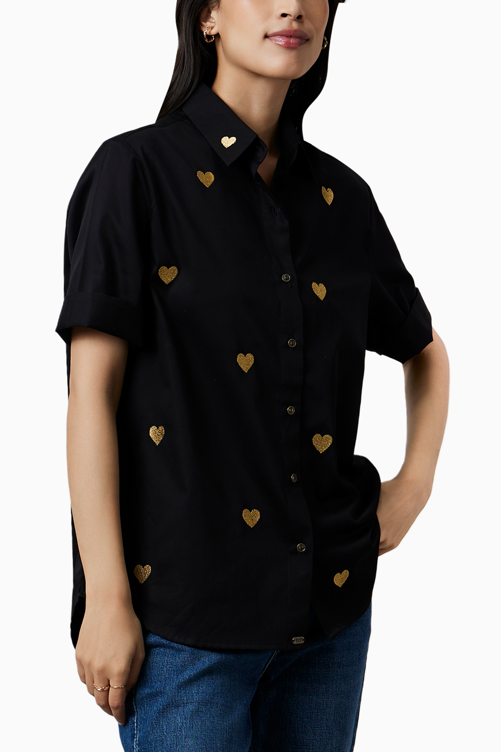 Black Metallic Heart Embroidered Shirt