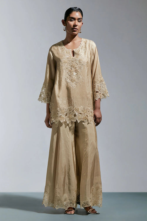 Shell Floral Threadwork Silk Sharara Set