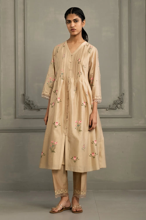 Beige Pleated Tunic Set