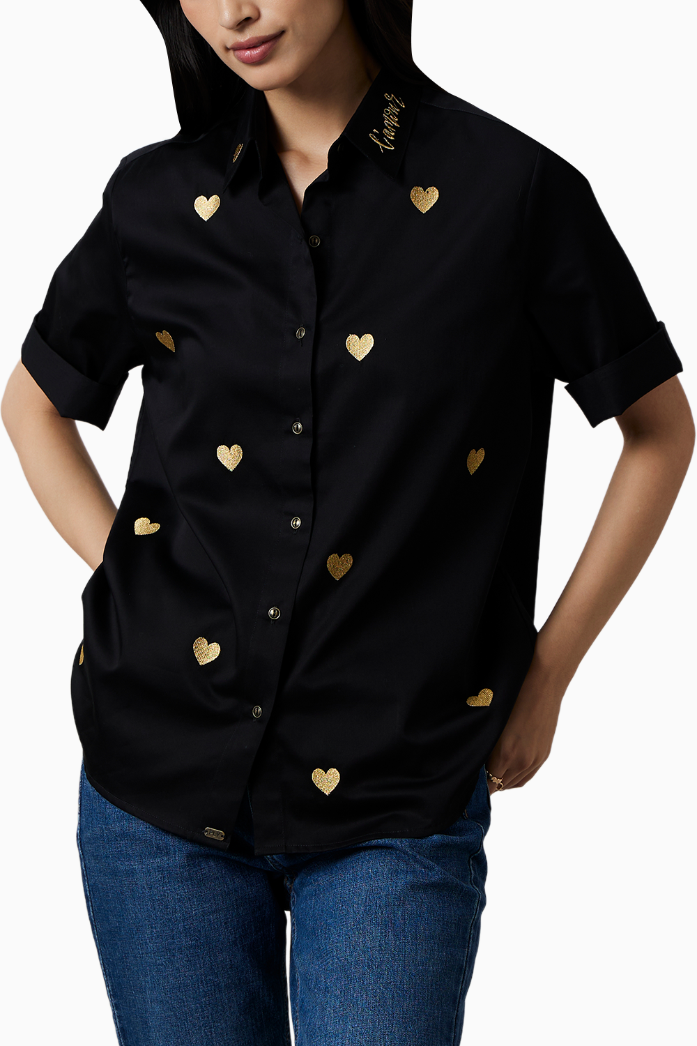 Black Metallic Heart Embroidered Shirt