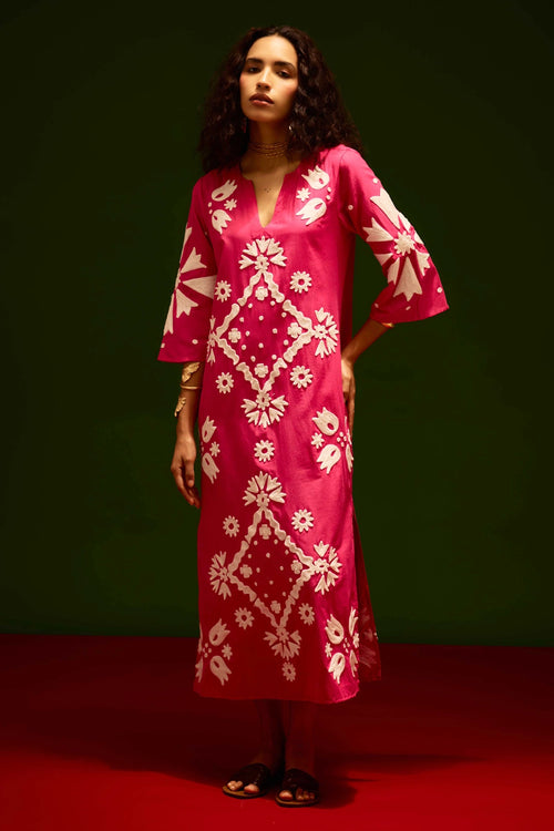 Fuchsia Cotton Maxi Dress with Thread Embroidery