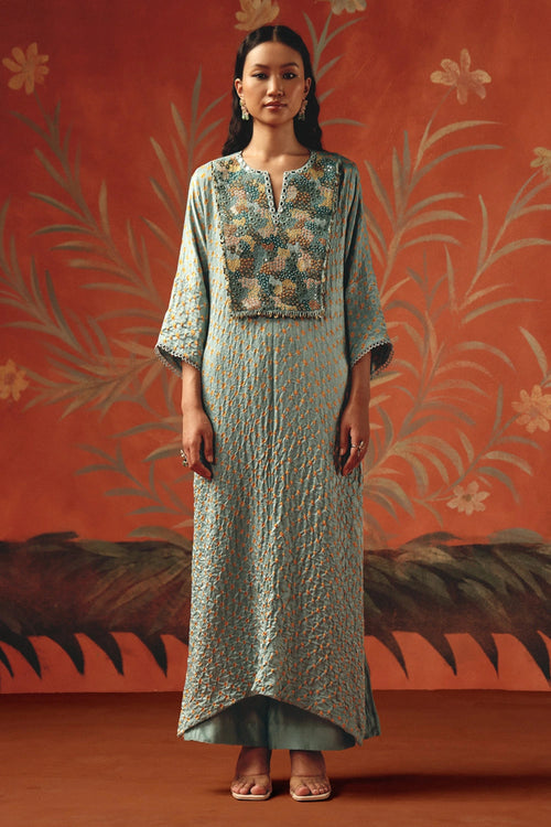 Sea Foam Bandhani Kaftan Kurta with Ankle Length Palazzos