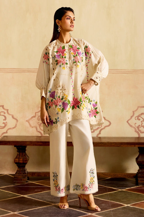 Ivory Embroidered Kimono Tunic with Cutwork Pants