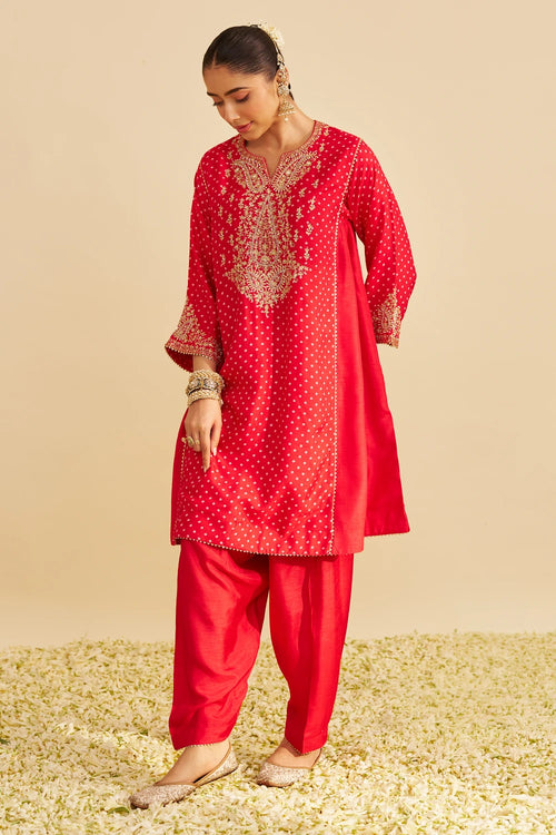 Kayra Red Short Gathered Chauga with Salwar