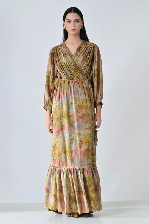 Beige Verdant Wrap Tiered Long Printed Dress