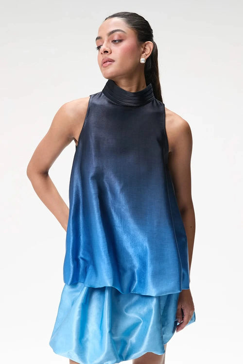 Midnight Blue Ombré Bubble Hem Halter Top with Mini Skirt