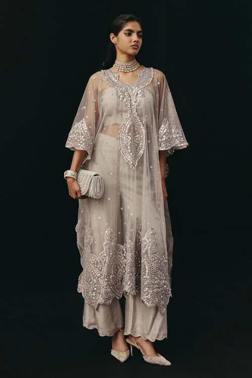 V Neck Mirrorwork Tulle Applique Kaftan