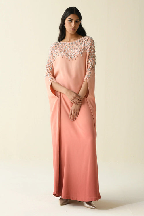 Pink Kaftan With Pearl And Bead Embellishments