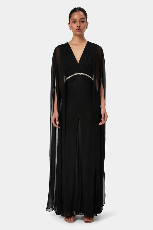 Black Embellished Draped Shoulder Gown