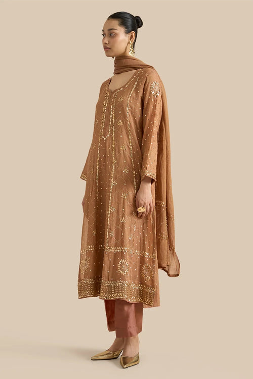 Tissue Kalidar Set With Kamdani Embroidery Aborned With Moti And Mirror Work