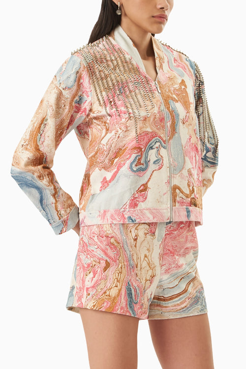 Pink Marble Denim  Embellished Jacket