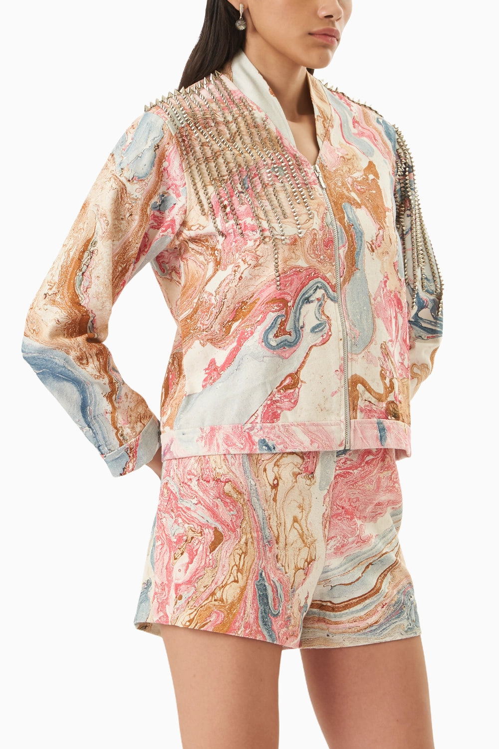 Pink Marble Denim  Embellished Co-ord Set