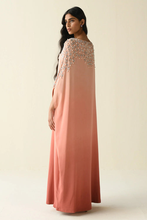 Pink Kaftan With Pearl And Bead Embellishments