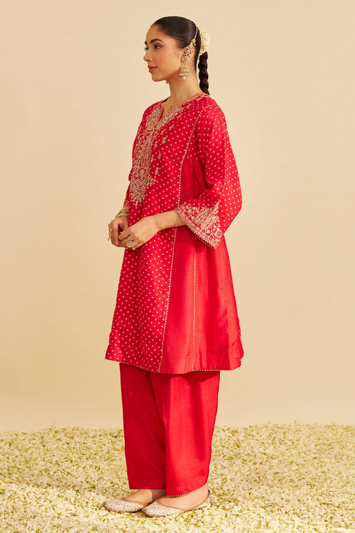 Kayra Red Short Gathered Chauga with Salwar