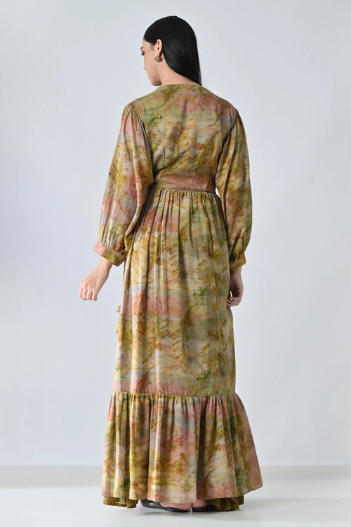 Beige Verdant Wrap Tiered Long Printed Dress